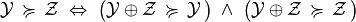 \mathcal{Y} \,\succcurlyeq\, \mathcal{Z} \;\Leftrightarrow\; \big( \mathcal{Y} \oplus \mathcal{Z} \,\succcurlyeq\, \mathcal{Y}\,\big) \; \land \; \big(\mathcal{Y} \oplus \mathcal{Z} \,\succcurlyeq\, \mathcal{Z}\,\big)